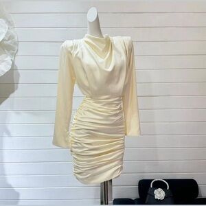 Cream Asymmetrical Ruched Mini Dress
